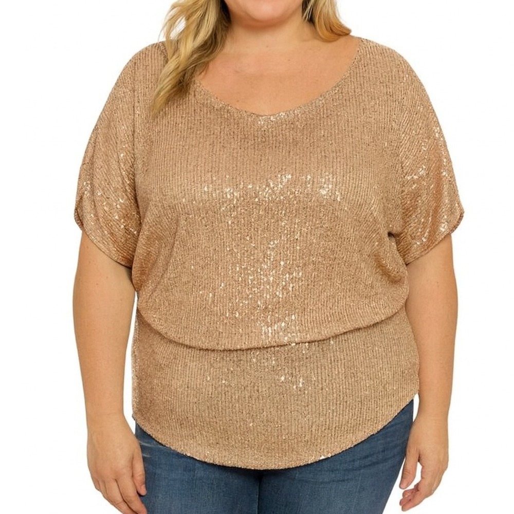 Grace Karin‎ Sequin Top XL Gold Party Blouse Sparkly Metallic Holiday NYE Glam